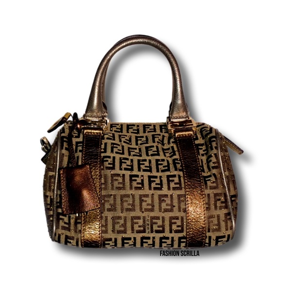 Fendi Zuchino Metallic Tobacco Brown Studded Gold Mini Forever Boston - Picture 9 of 13